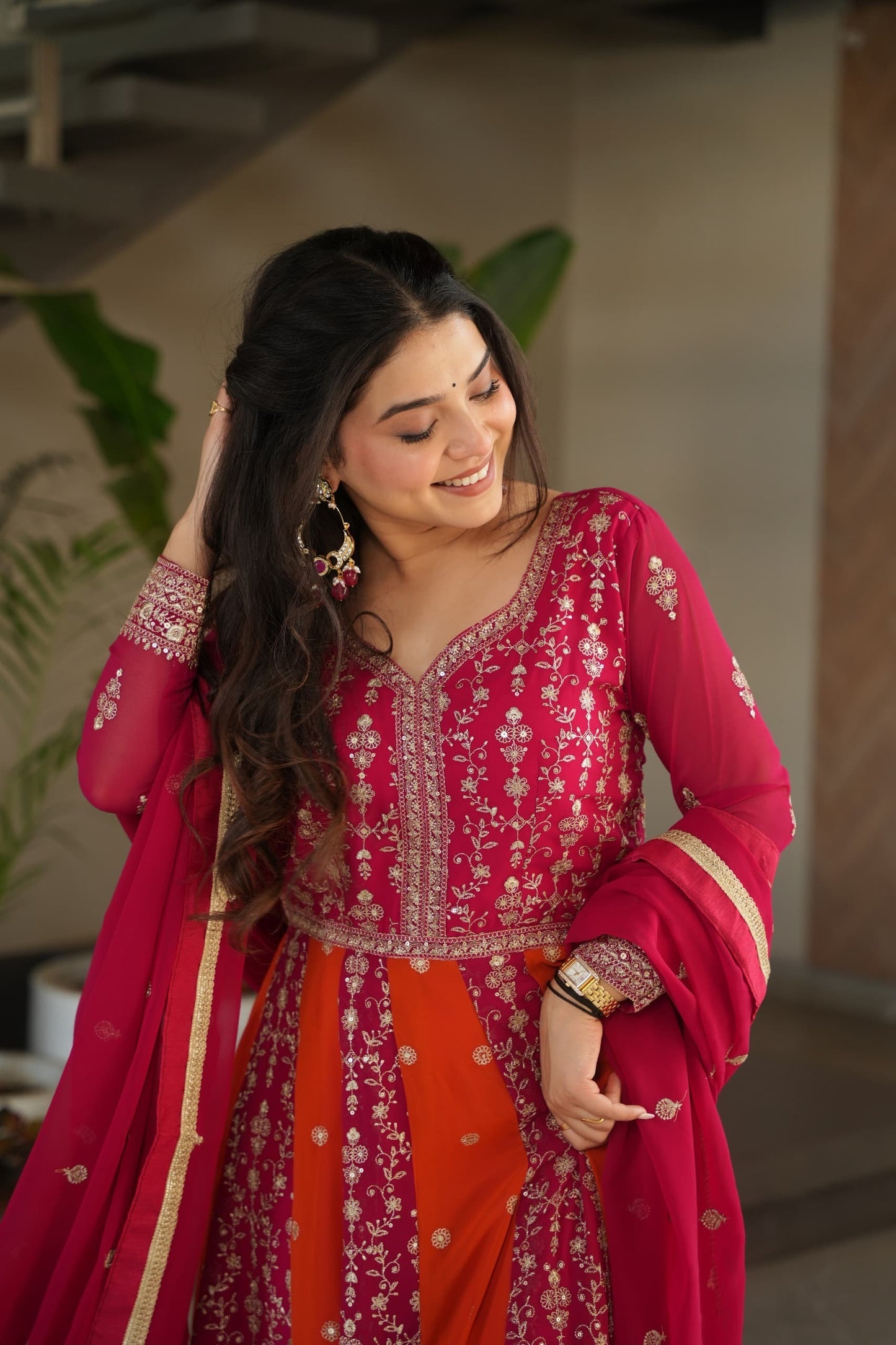 Robe bi-ton rose, orange & doré