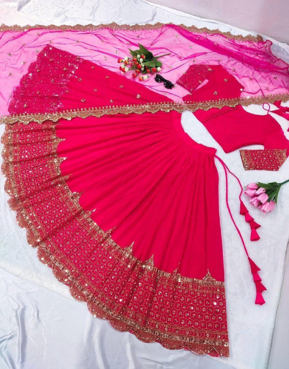 Lehenga rouge rosé vif & doré