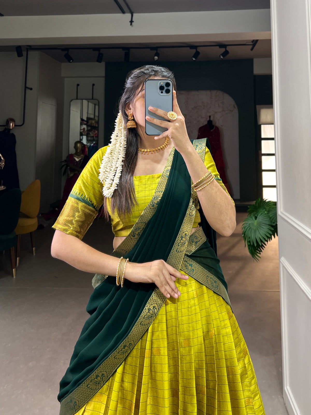Lehenga à carreaux vert & doré