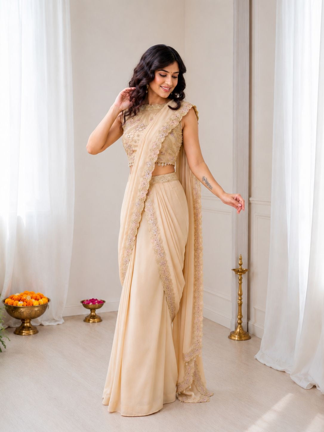 Saree prêt-à-porter beige