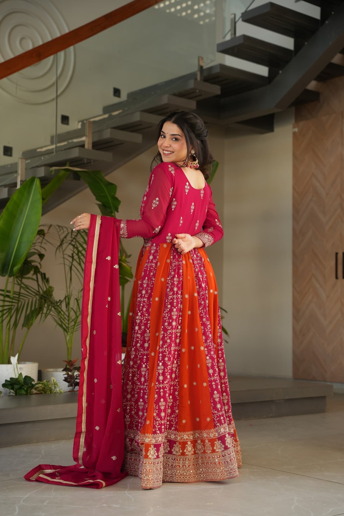 Robe bi-ton rose, orange & doré