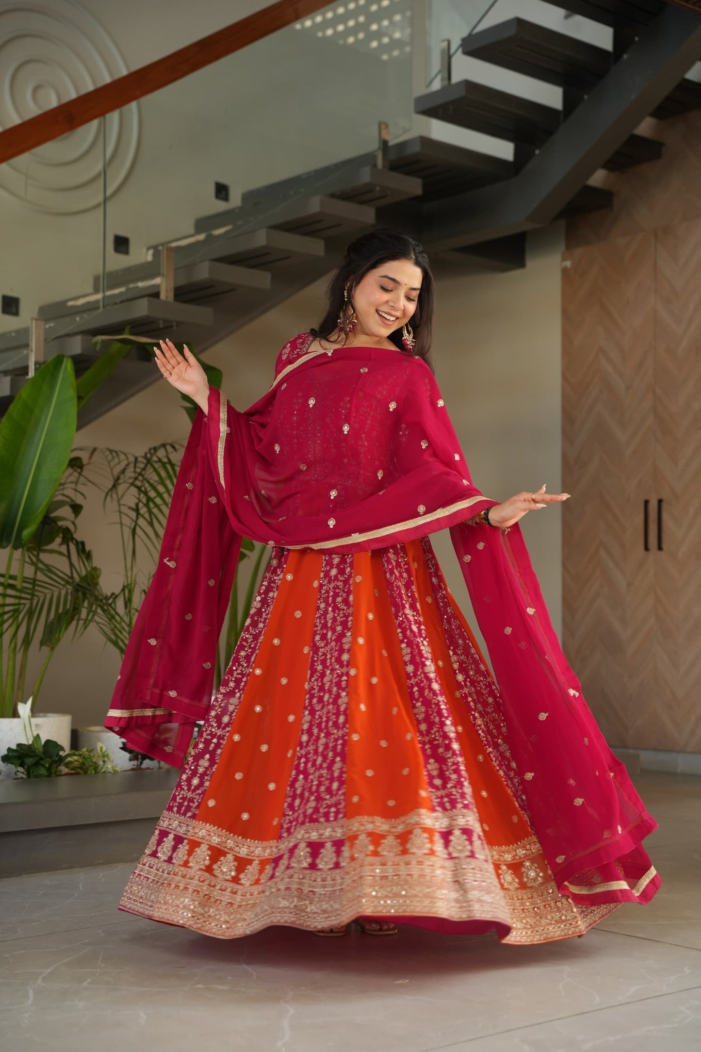 Robe bi-ton rose, orange & doré