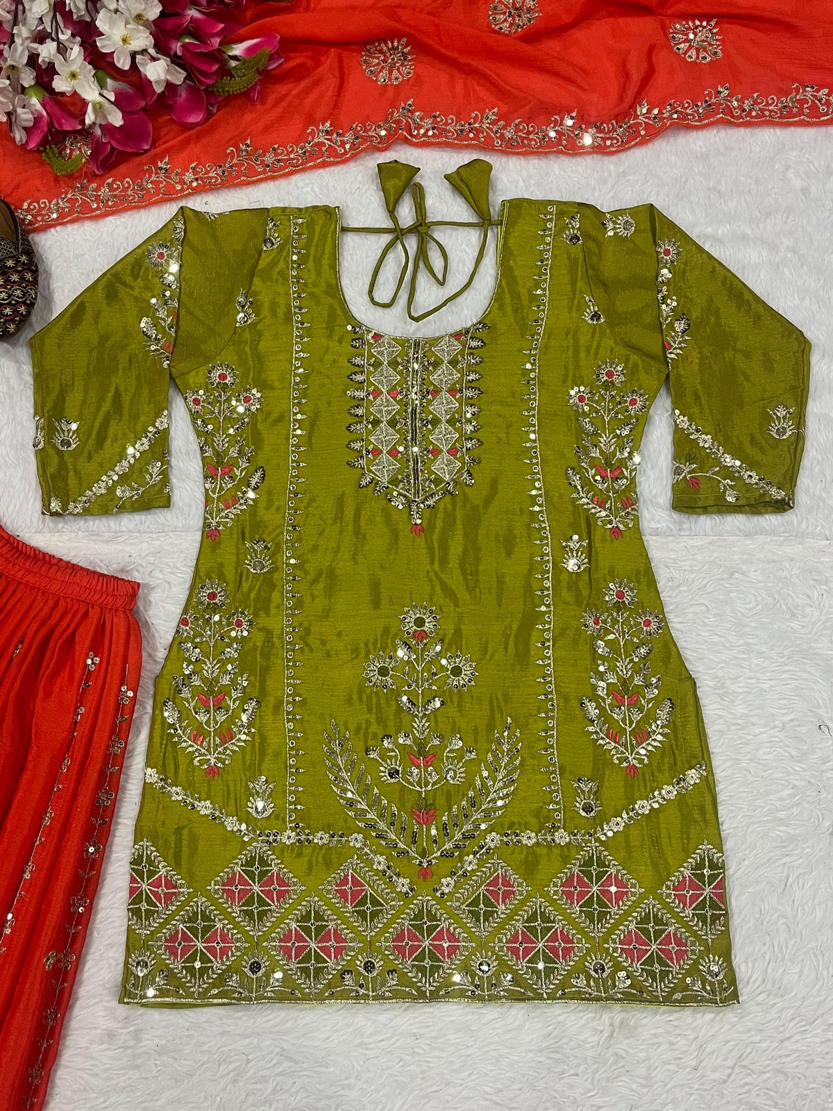 Ensemble haut, pantalon palazzo, écharpe vert & orange