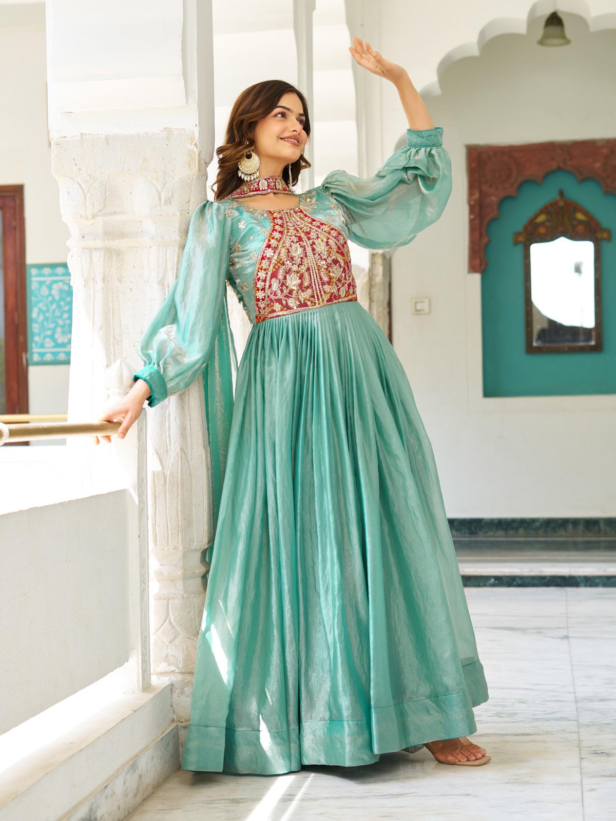 Robe vert d'eau & rouge
