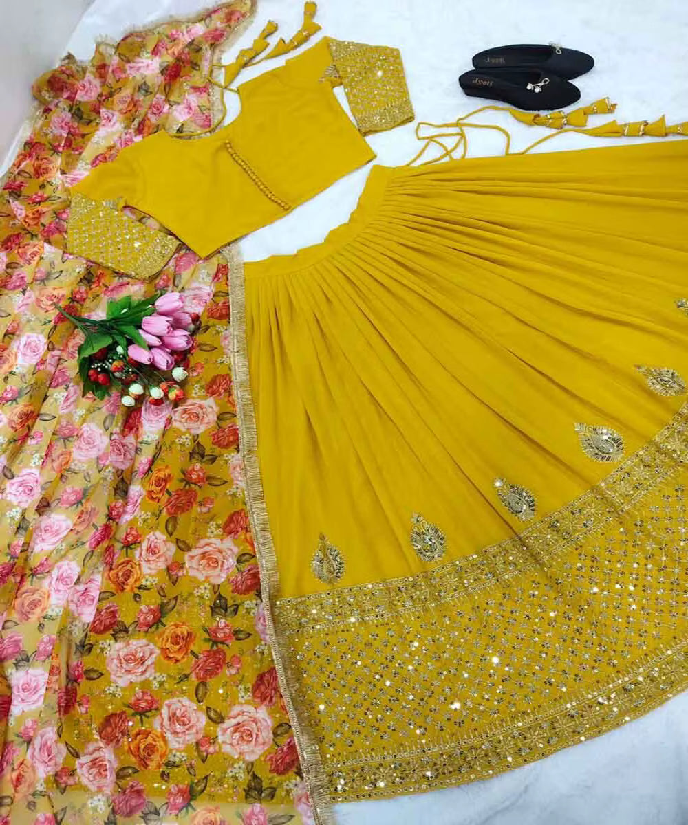 Lehenga jaune moutarde & doré