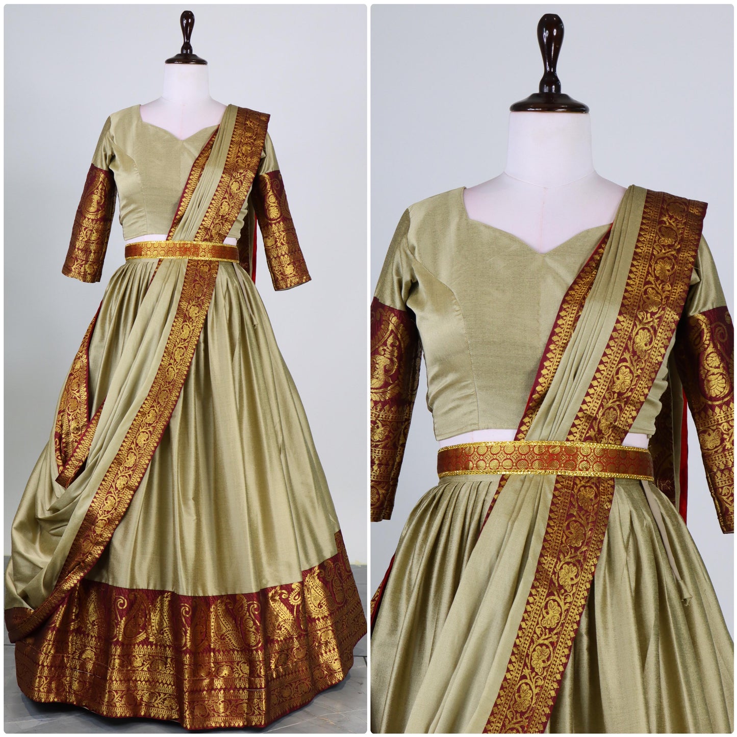 Lehenga gris, bordeaux & doré