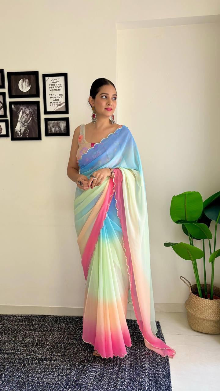 Saree fluide bleu, blanc & rose