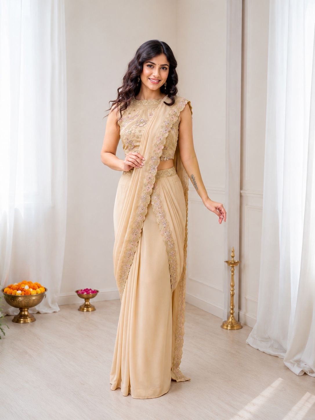 Saree prêt-à-porter beige