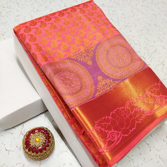 Saree kanchipuram rose corail