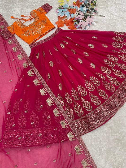 Lehenga rose, orange & doré