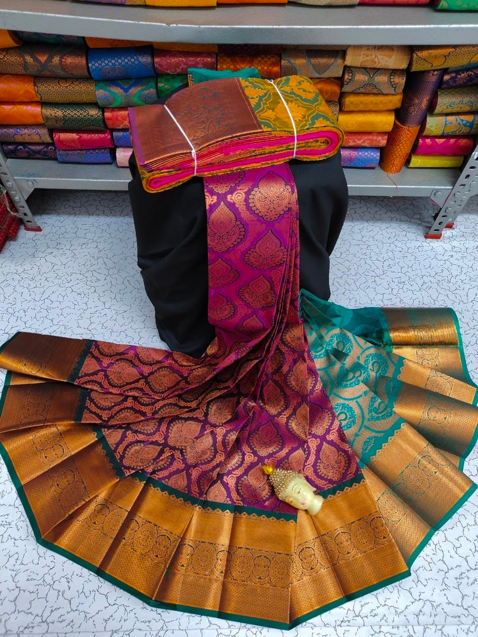 Saree kanchipuram mauve & bleu paon