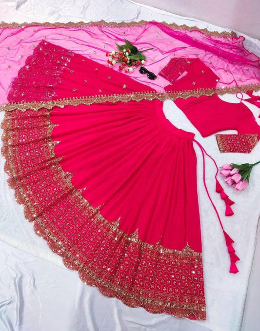 Lehenga rouge rosé vif & doré