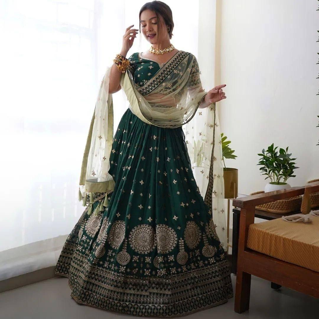 Lehenga vert bouteille & doré