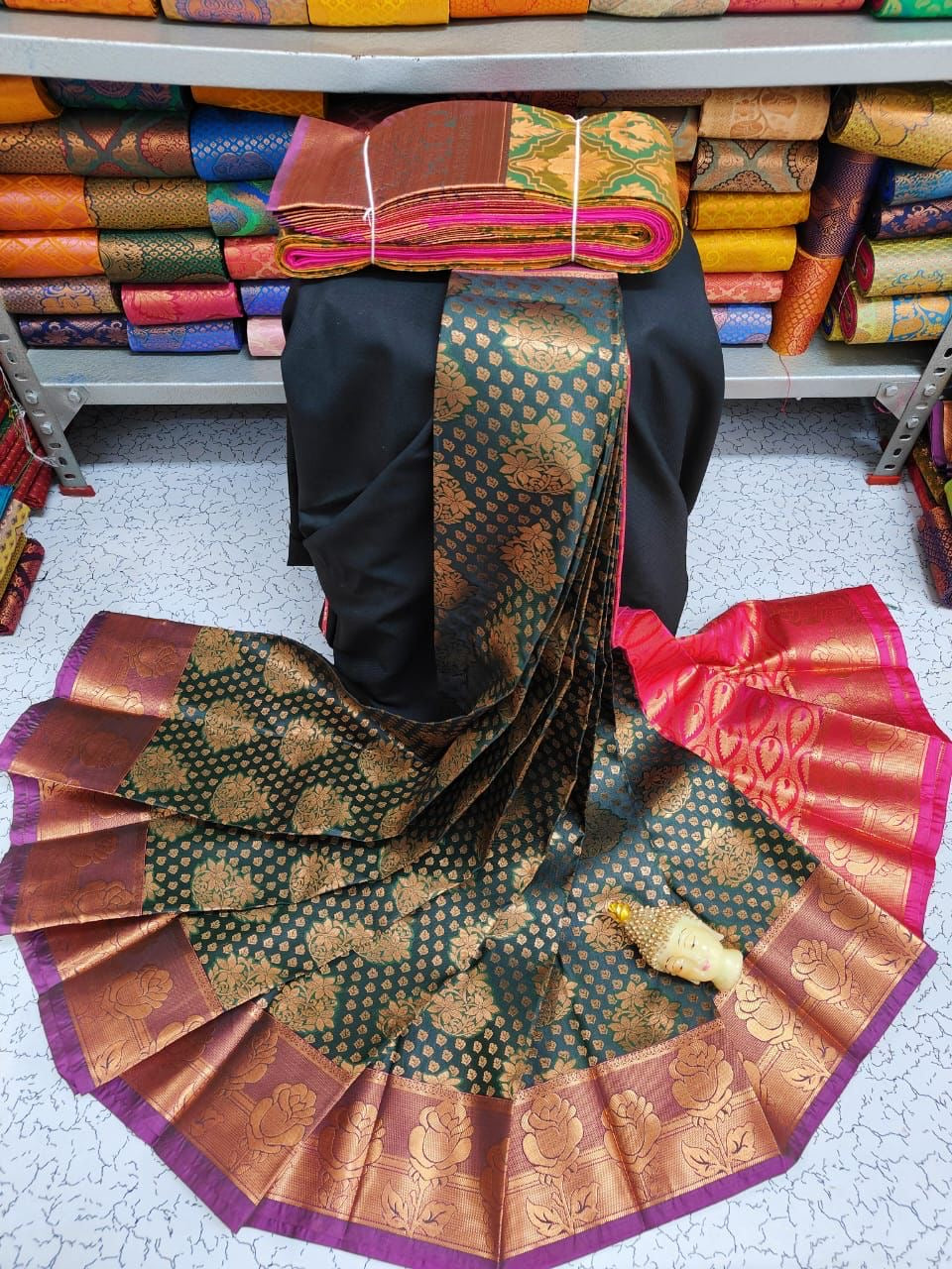 Saree kanchipuram vert bouteille & rose