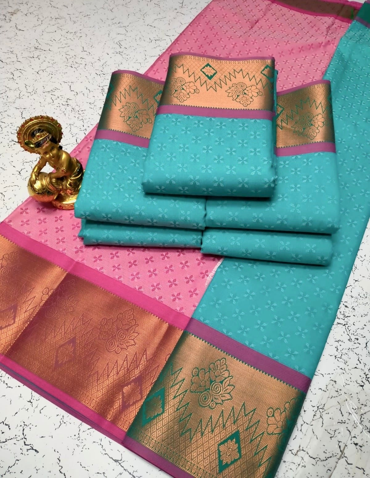 Saree en soie bleu & rose