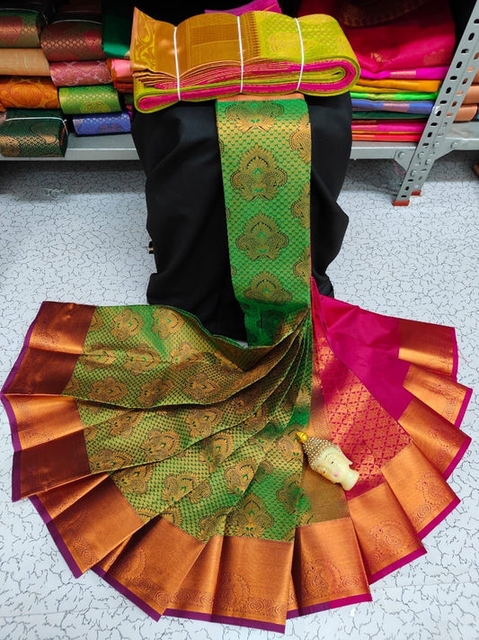 Saree kanchipuram vert & rose