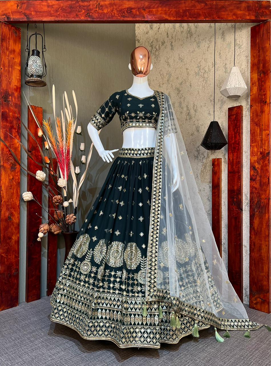 Lehenga vert bouteille & doré