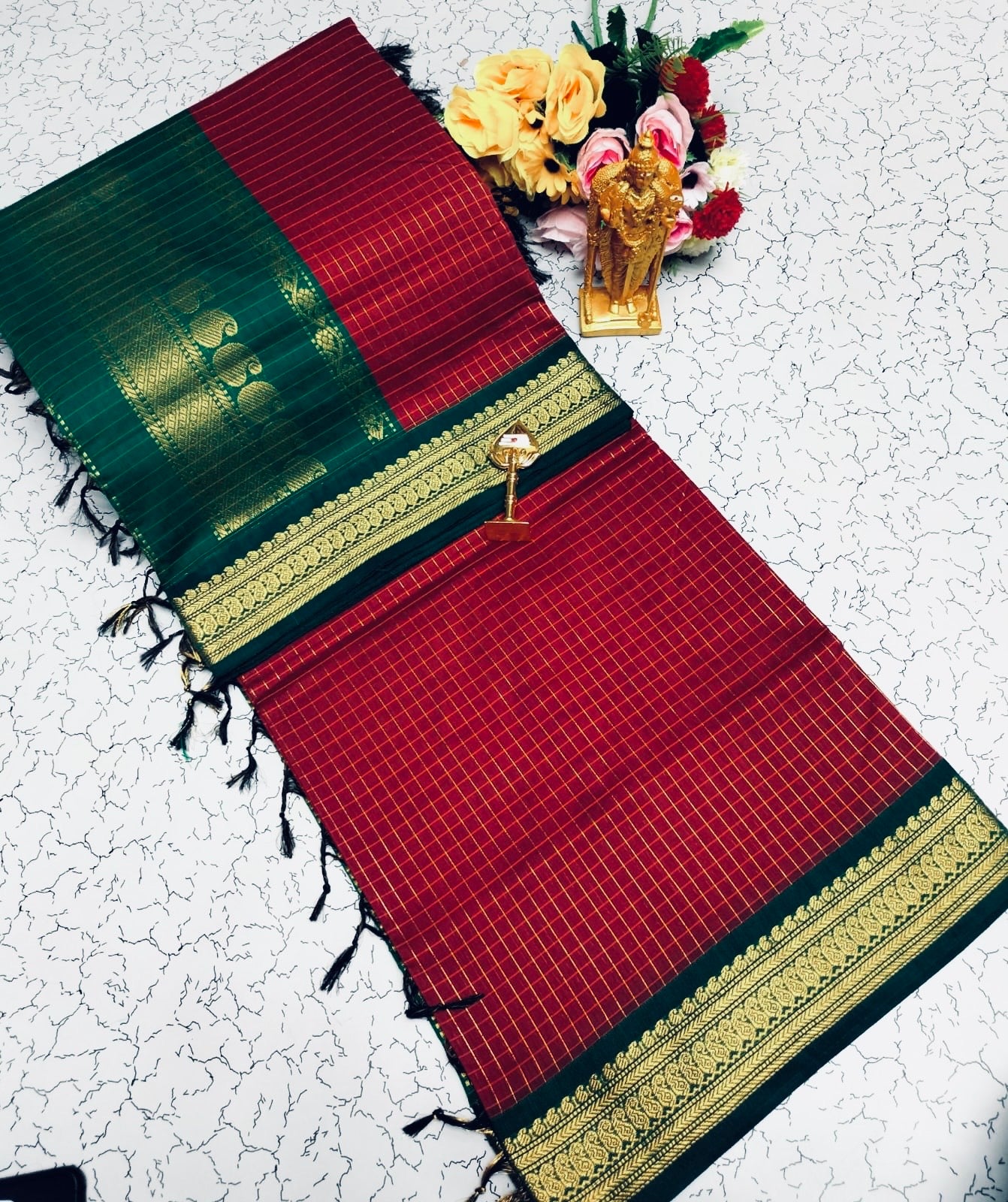 Saree coton à carreaux, bordeaux, vert & doré