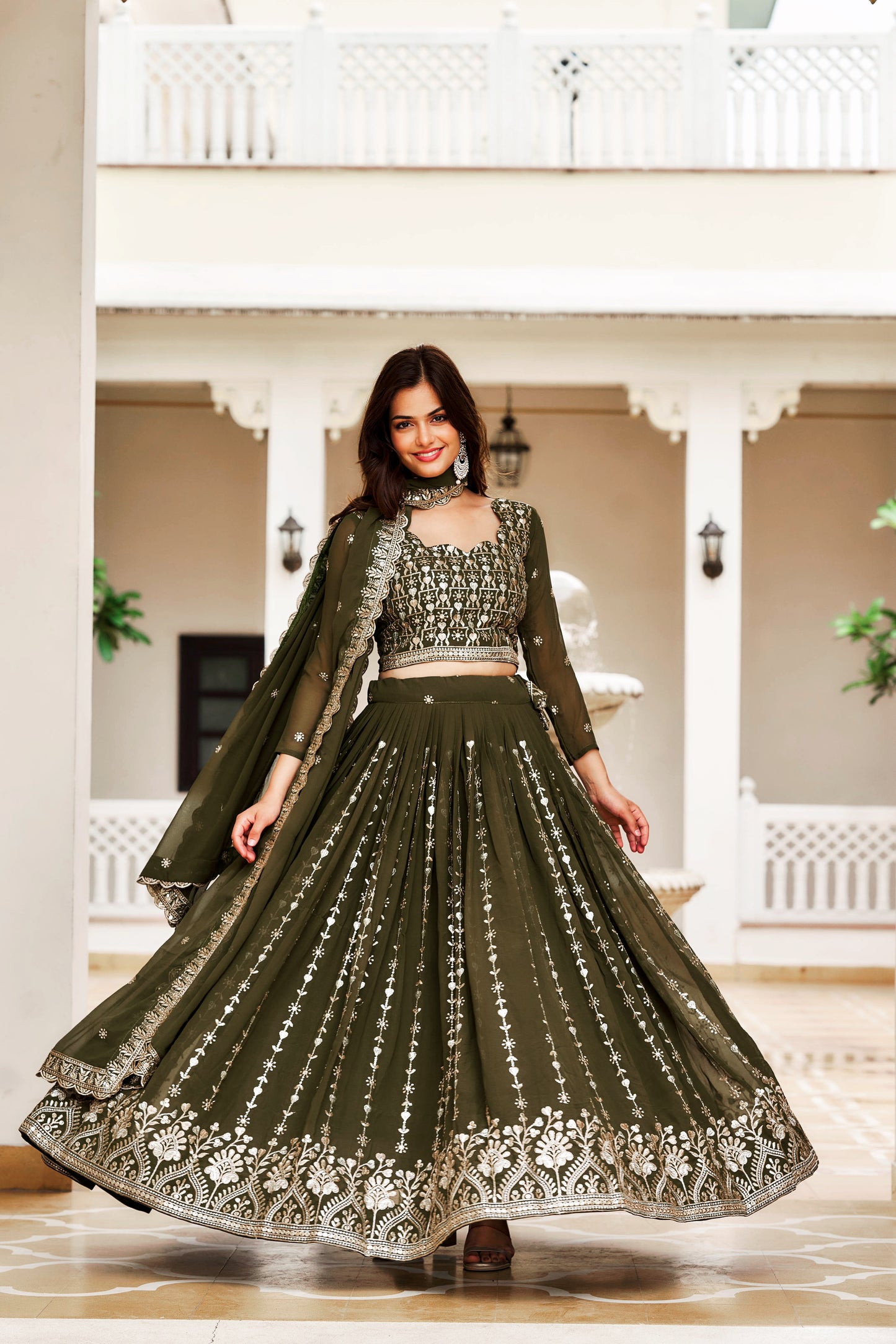 Lehenga vert bouteille & doré