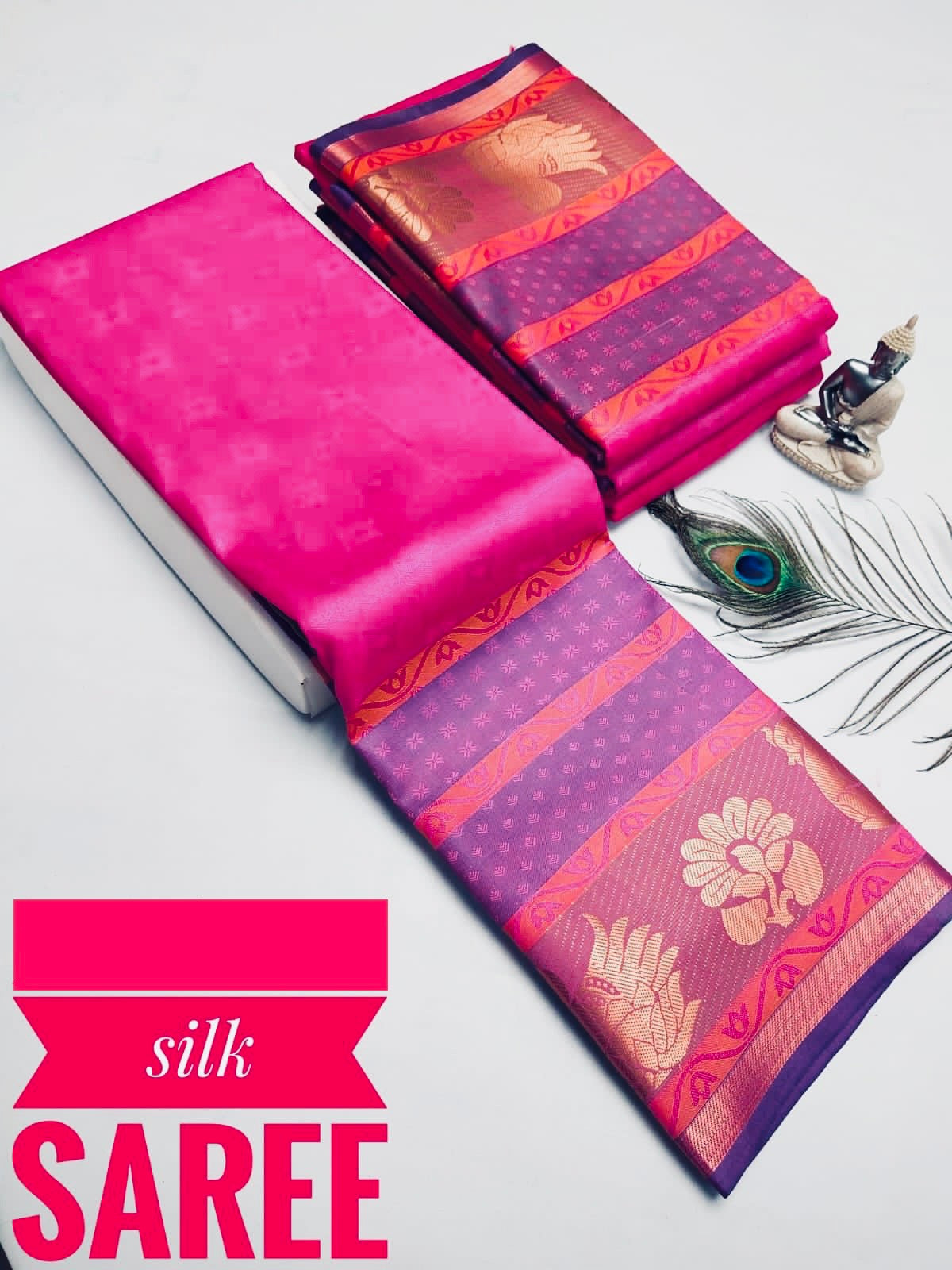 Saree en soie rose & doré