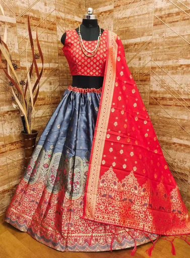 Lehenga banarasi gris & rouge