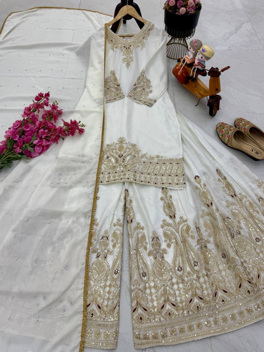 Ensemble haut, pantalon palazzo, écharpe blanc & doré