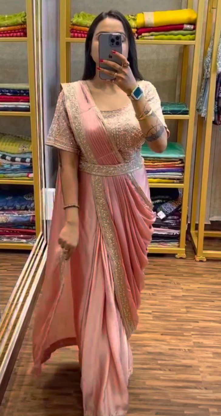 Saree prêt à porter rose pêche
