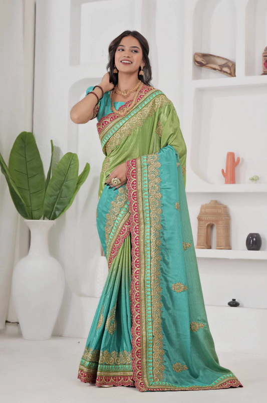 Saree vert, bleu, rose & doré