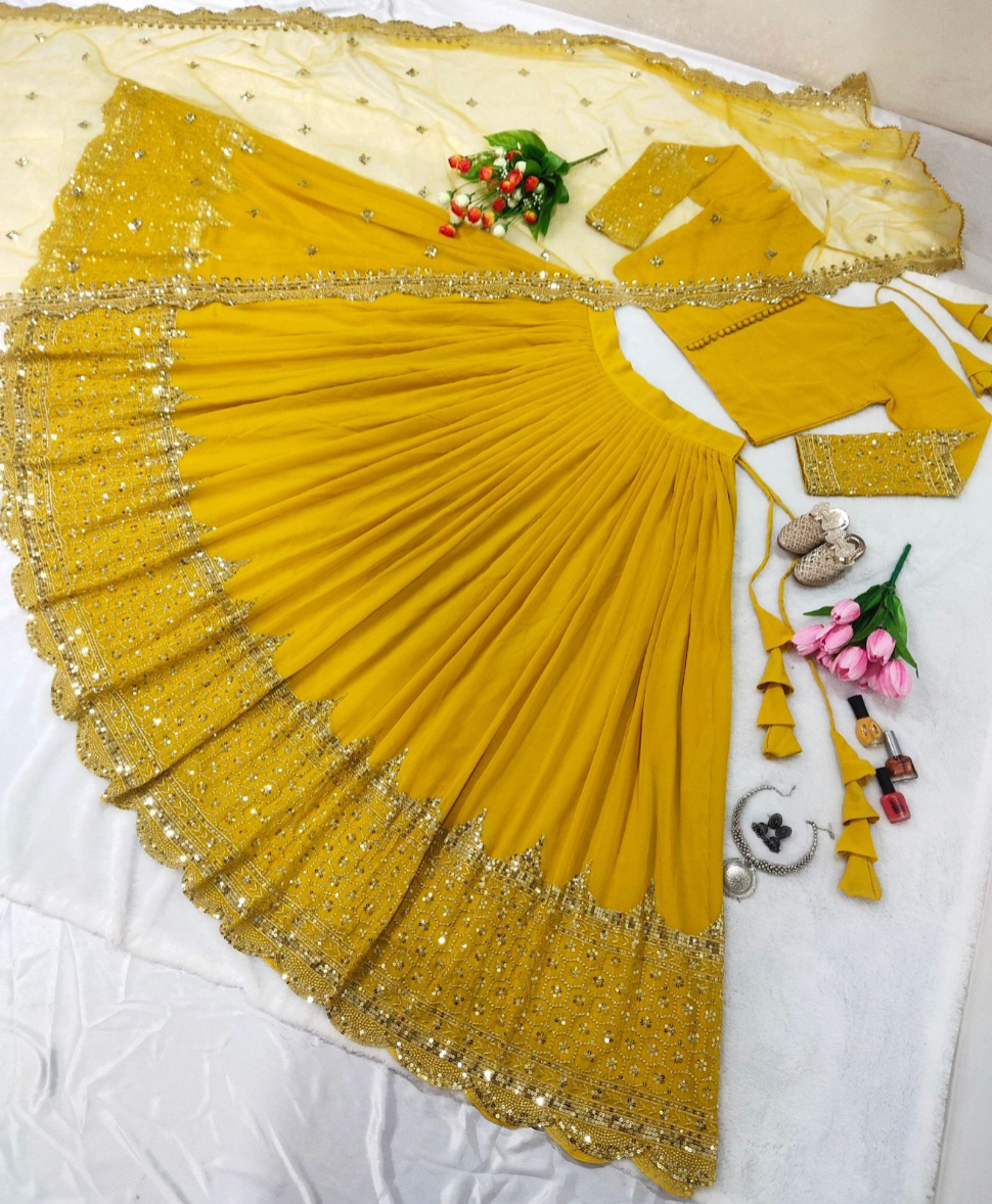 Lehenga jaune moutarde & doré