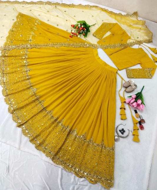 Lehenga jaune moutarde & doré