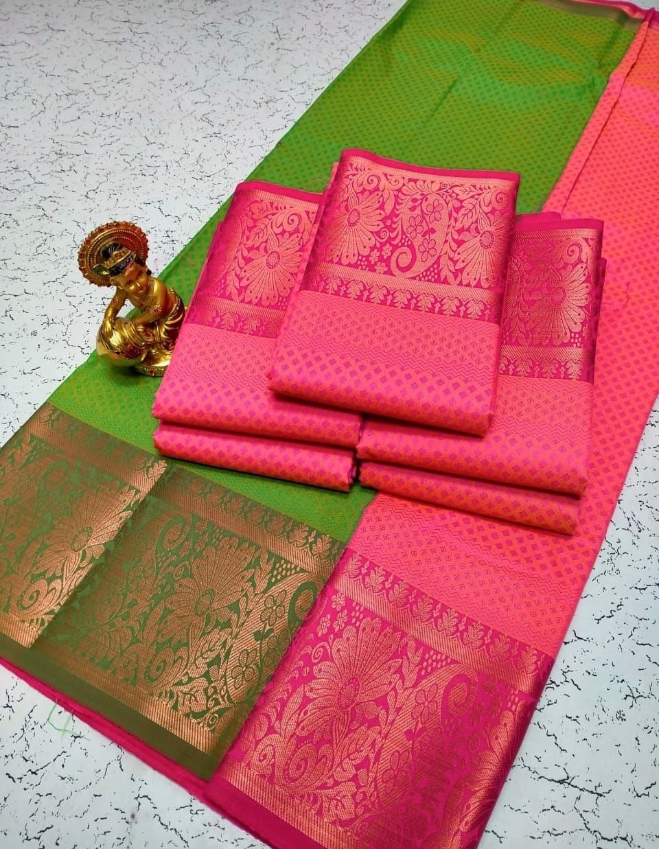 Saree en soie rose & vert