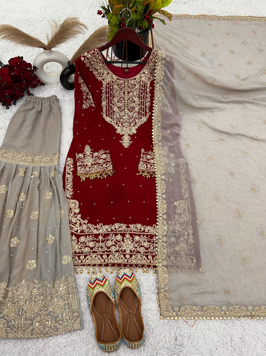 Ensemble haut, pantalon palazzo, écharpe rouge bordeaux & taupe