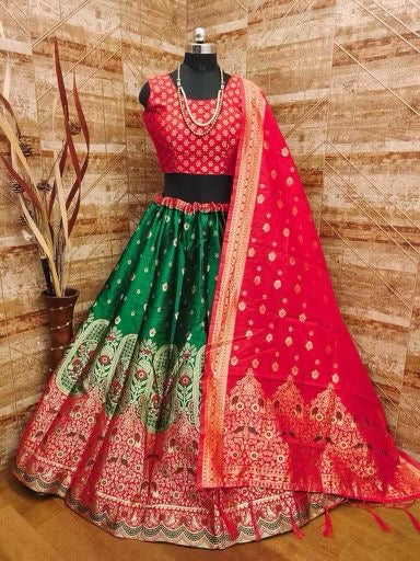 Lehenga banarasi vert & rouge