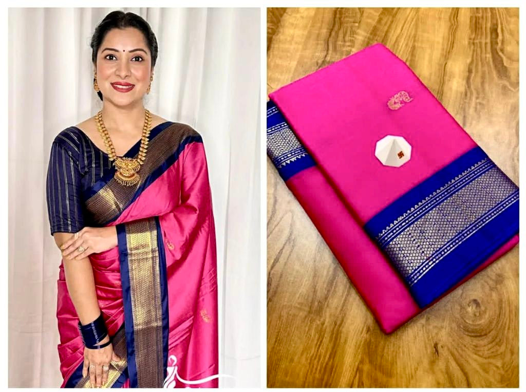 Saree en coton soie rose, bleu & doré