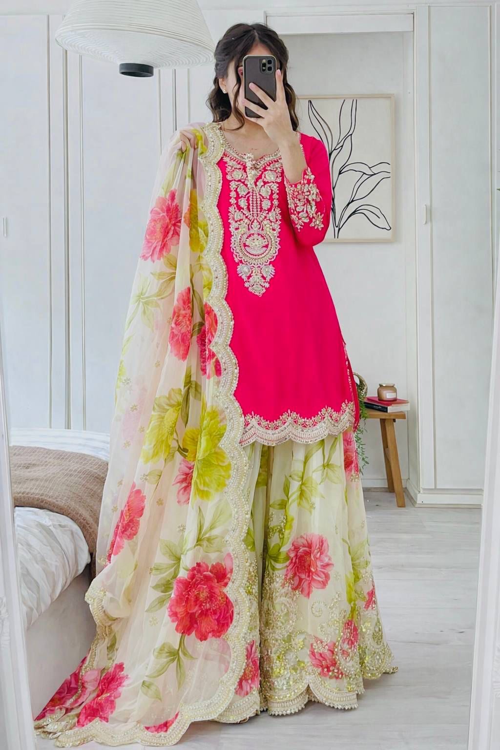 Ensemble palazzo rose & vert à motifs fleuris