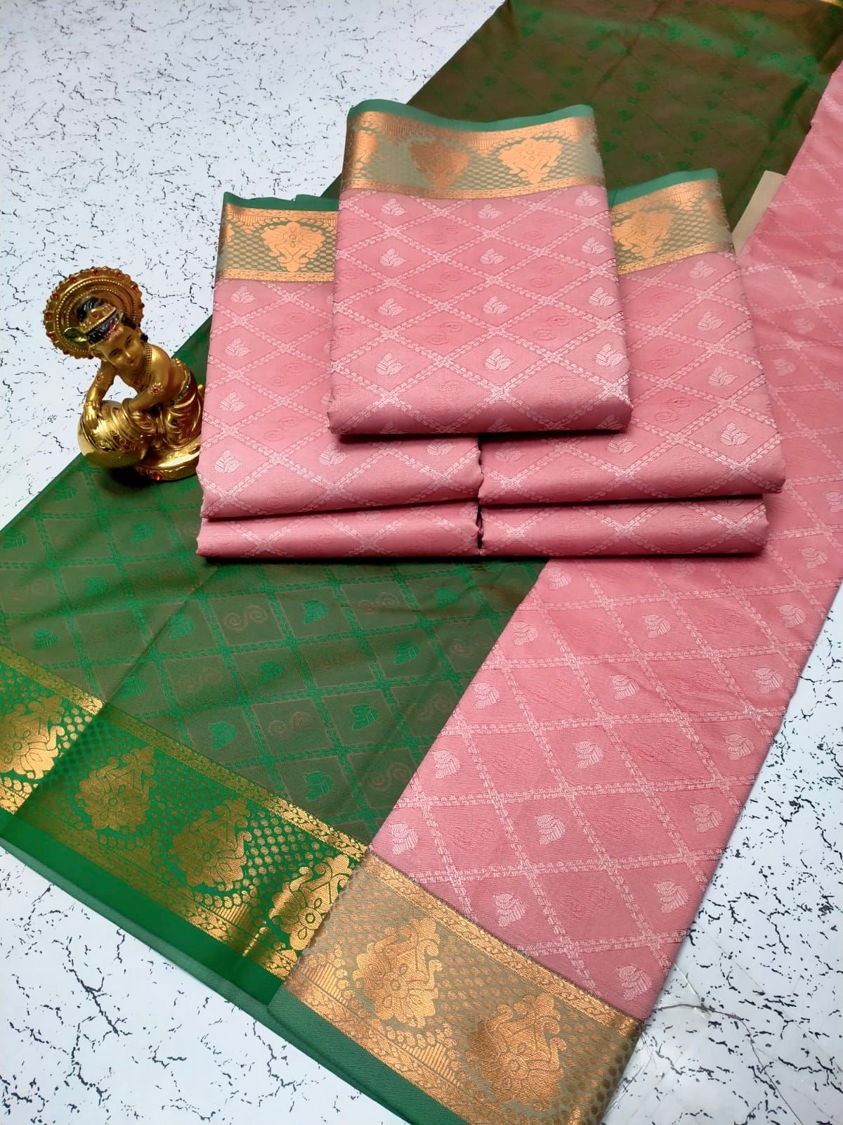 Saree en soie rose & vert