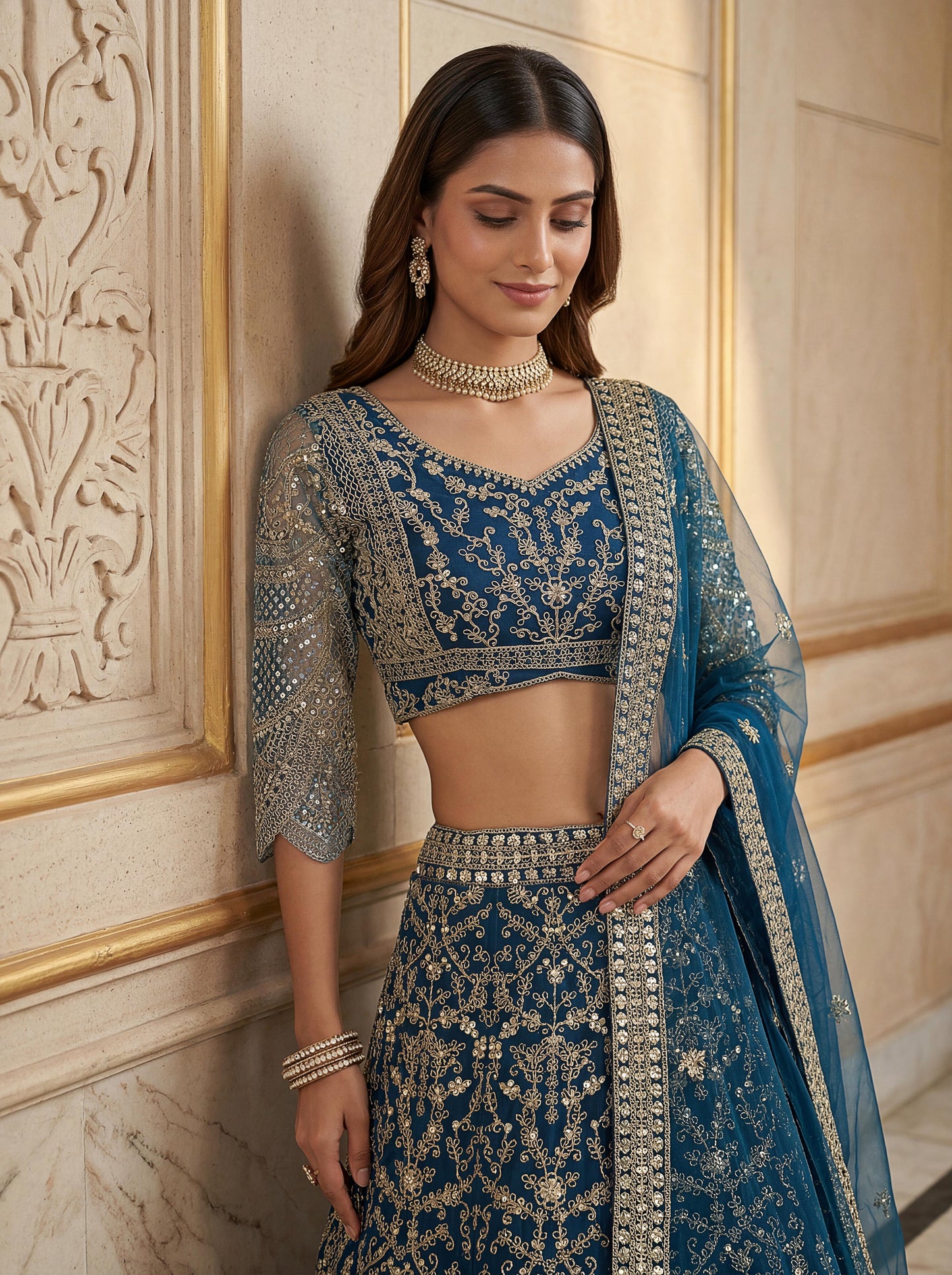 Lehenga habillé bleu & doré