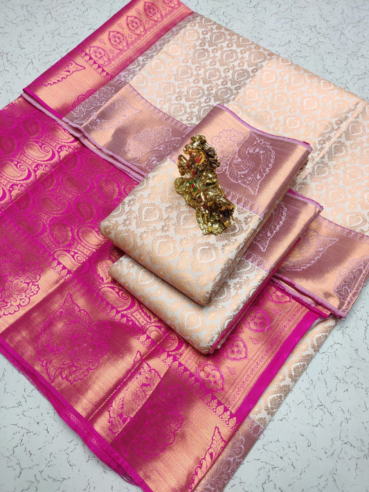 Kanchipuram blanc cassé & rose