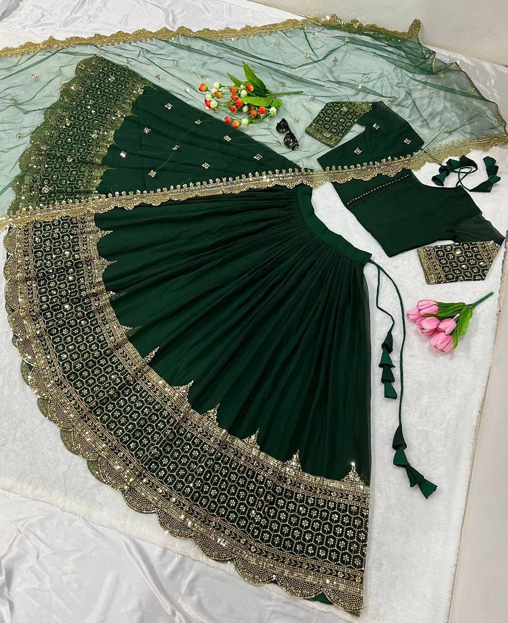 Lehenga vert bouteille & doré