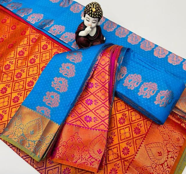 Kanchipuram bleu, fuchsia & doré