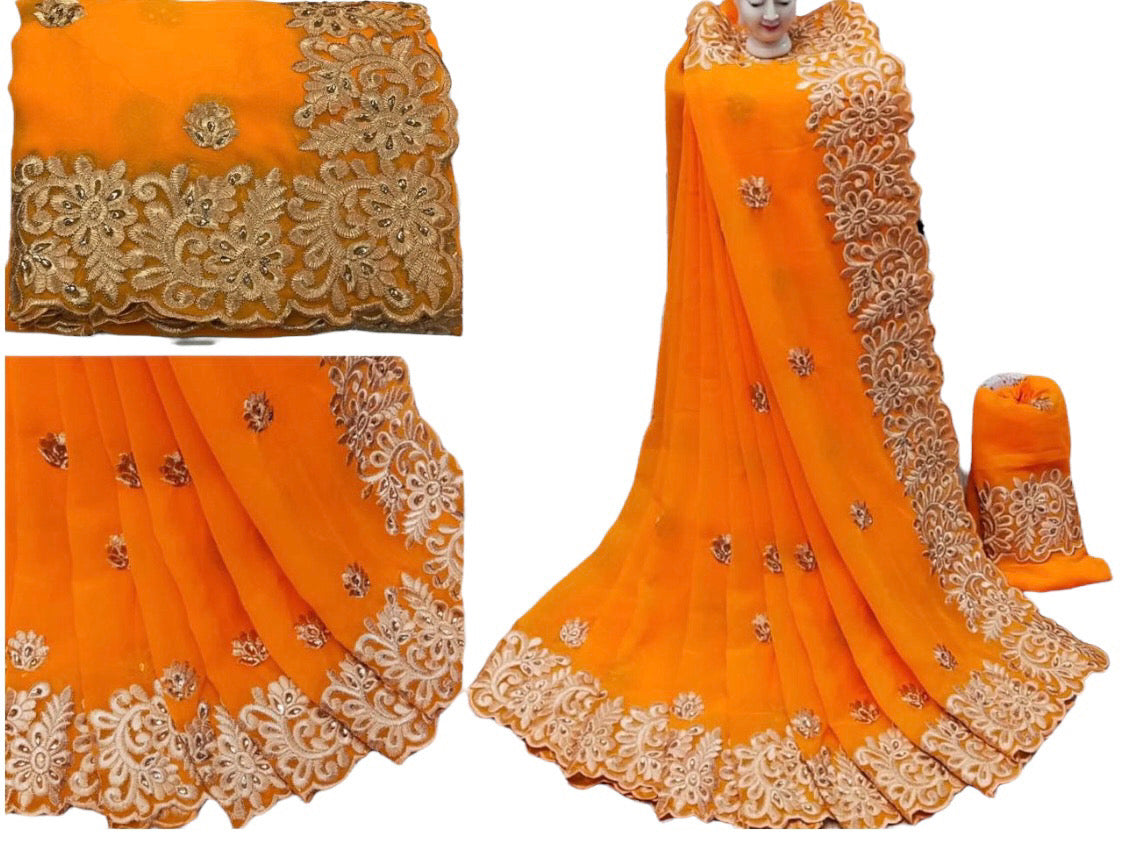 Saree en crêpe de soie orange & doré