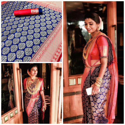 Saree en soie de lichi pure bleu foncé