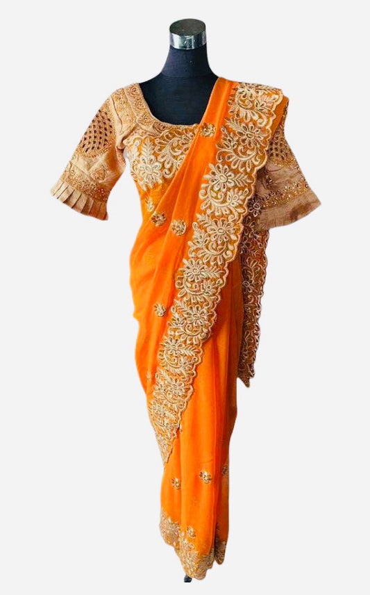 Saree en crêpe de soie orange & doré