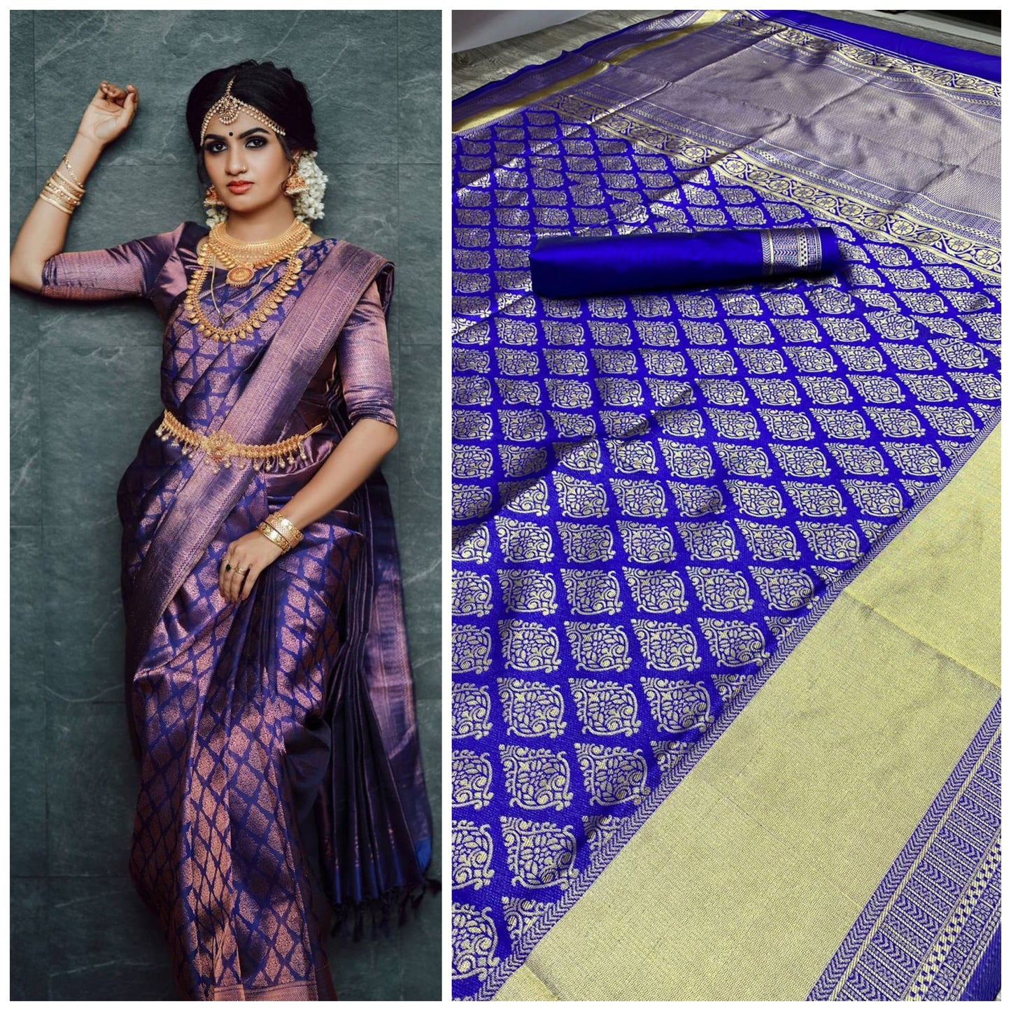 Saree en soie de lichi pure bleu royal & doré