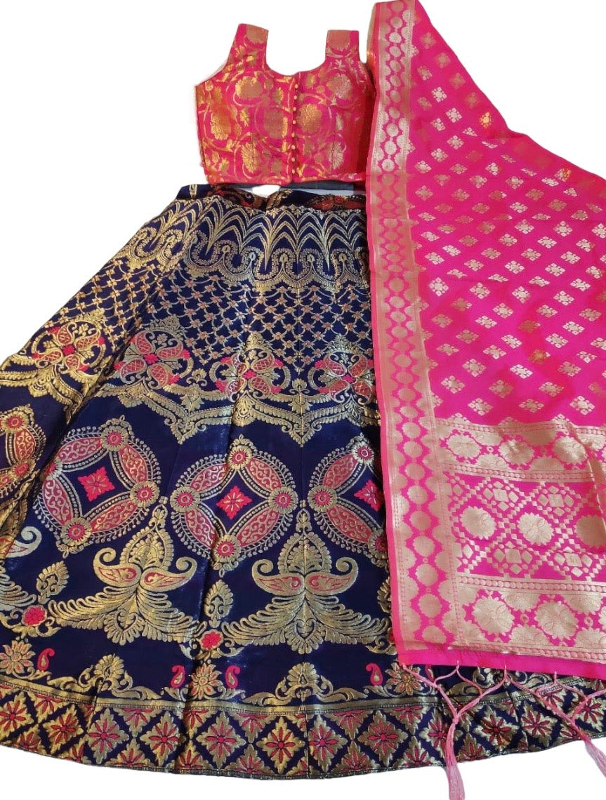 Lehenga banarasi bleu foncé & rose